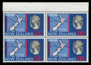 NEW ZEALAND: 1969 (SG.907-9) Bicentenary of Captain Cook's Landing in New Zealand 6c, 18c & 28c marginal blocks of 4 each with "Embossed head of Queen widely misplaced" (as seen from reverse), all fresh MUH, CP. S123a(Z), S124a(Z) & S125a(Z) - Cat NZ$116 - 3