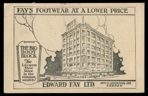 Australia: Postal History: PERFIN: 1935 (Mar 26) printed advice card for Edward Fay Ltd (shoe store, Sydney) with KGV 1½d brown perfin 'EF/LD' tied by Sydney machine cancel, addressed to Mirani (Qld), attractive image of the company building on the face.