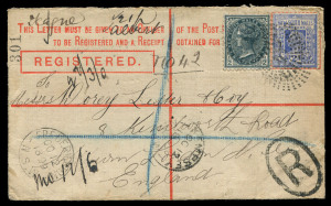 NEW SOUTH WALES - Postal Stationery: Envelopes:1891 Three Pence Size F (H&F.7) with McCorquodale & Co/Limited Patentees flap at left comprising 41mm boxed 'REGISTERED' (5, three are used) and 42.5mm 'REGISTERED' (2, unused & used). The used examples comp