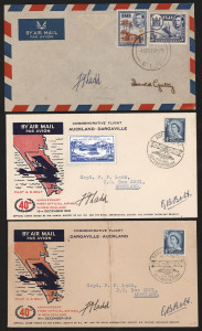 FIJI - Postal History: 1951 (Sept.1) flown airmail cover, addressed to & signed by Fred Ladd, with additional signature of Harold Gatty (Jones rating 'A', 1 to 5 known), adhesives cancelled with SUVA datestamp, on reverse NADI AIRPORT '1SP51.4' datestamp; also 1959 Auckland-Dargaville covers (2) both signed by Ladd & Bolt, one with 40th Anniversary cinderella. (3 items)