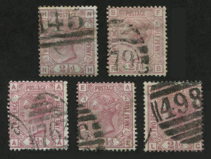 GREAT BRITAIN: 1873-80 (SG.138-39) Large Coloured Corner Letters Wmk Small Anchor 2�d rosy mauve White Paper Plates 1 to 3 plus additional Pl. 2 with WATERMARK INVERTED; also Blued Paper Plate 1; very good to fine condition, Cat �800. (5)