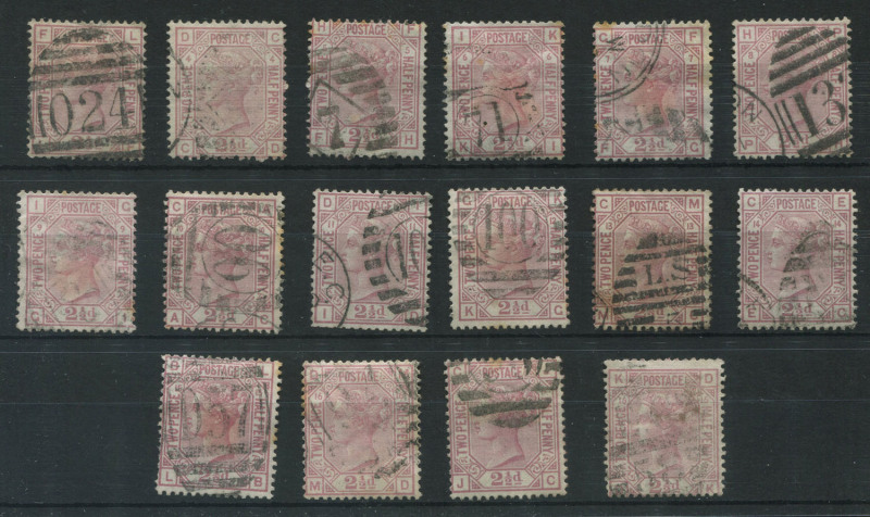 GREAT BRITAIN: 1873-80 (SG.141-42) Large Coloured Corner Letters Wmk Orb 2�d rosy mauve Plates 3 to 17 complete, plus additional Pl.16 WATERMARK INVERTED, also 2�d blue Plates 17 to 20 complete; generally very good to fine condition, Cat �2,000+. (18)
