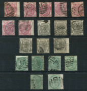 GREAT BRITAIN: 1873-80 (SG.143-50) Large Coloured Corner Letters Wmk Spray 3d rose Plates 11 to 20 complete (ex Pl.12 & 17; Pl.16 internal fault), 6d grey Plates 13 to 17 complete plus Pl.17 WATERMARK INVERTED,� 1/- green Plates 8 to 13 including Pl. 9 d - 2