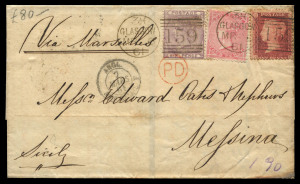 GREAT BRITAIN - Postal History: 1861-78 selection comprising 1861 Glasgow to Messina with attractive tri-colour franking of No Corner Letters 6d lilac & 4d carmine plus 1d red Stars, 1868 London to Naples with Large Uncoloured Letters 6d lilac Pl.6 (with hyphen), 1870 Liverpool to Bohemia with Large Uncoloured Letters 3d pair and 1878 Manchester to Paris 1d red Plates (4) & �d Bantam (2); all items with appropriate transit markings and backstamps; fine overall. (4 items).