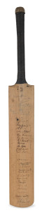AUSTRALIA v ENGLAND - FIRST TEST, BRISBANE 1946 A junior size bat (73cm length) used to collect the signatures of the Australian and English teams, assembled in Brisbane for the first post-War Ashes Test Match. This was the first in a five match series, with Bradman as captain, which Australia won, 3-0 with 2 drawn.