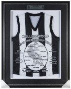 COLLINGWOOD: 2010 AFL PREMIERS souvenir club jumper with the players, the scores and a plaque, all attractively framed and glazed; overall 102 x 79cm.Collingwood defeated St.Kilda by 56 points to win their first premiership since 1990.