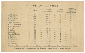 LINDFIELD CRICKET CLUB, SUSSEX: Great Britain Half-Penny postal card printed on the reverse for the "L.C.C. - 1871" with a list of the registered players, the number of runs they had made, their batting averages, times not out and the largest number of catches they had taken in any one match in the previous season. Notice is also provided that "Practice will re-commence on Tuesday, April 23rd, at Four o'clock."Lindfield C.C. was established in 1747.