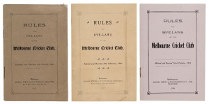 "RULES and BYE-LAWS of the MELBOURNE CRICKET CLUB." three complete editions; all published by Mason, Frith & McCutcheon, Printers; dated 7th August, 1901 (32pp); 27th February, 1907 (32pp) and 22nd October, 1936 (36pp). The first two, particularly scarce.