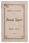 'Melbourne Cricket Club, Annual Report, For the Season 1909-10.' [Melbourne; Mason, Firth & M'Cutcheon, 1910] 140pp, with original pale pink covers. Includes a full report on all activities, match reports, averages, a complete list of members, etc."The Fo