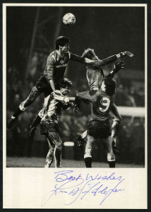 1980s-90 signed image cards of leading players (10.5x14.5cm) noting Gary Lineker, Peter Beardsley, Alan Shearer, Kevin Keegan, Chris Waddle, Paul Gascoigne & Michael Owen; also Manchester United cards including signed 1985 FA Cup Winners with eight signatures noting Gordon Strachan, Kevin Moran & Mark Hughes, also 1980s-90s signed player cards noting Eric Cantona, Paul Ince (2), Peter Schmeichel & Bryan Robson. (18 cards)