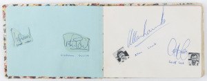 1950-90s AUTOGRAPHS: in small autograph book, often with small images of the signatory affixed alongside, including Frank Tyson, Andy Roberts, Joel Garner, David Hookes, Kepler Wessels, Ken Barrington, Bedser twins, Tony Greig, Derek Randall, Geoffrey Boycott, Bob Willis, David Gower, Rod Marsh, Dennis Lillee, & Allan Border; also a few cut-outs signatures stuck in, noting Wes Hall & Ian Botham. (approx 70 signatures)