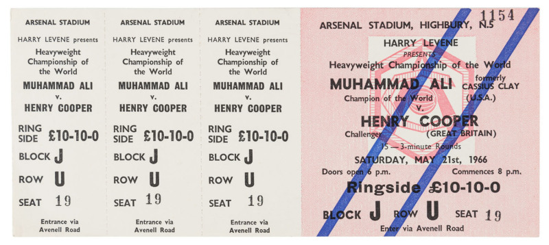 MUHAMMAD ALI: 1966 ringside ticket for Heavyweight Championship fight against HENRY COOPER held at Arsenal Stadium, plus a mounted photocopy of the fight poster (22.5x15cm), plus Ali's signature (probabbly from early 2000s) on small plain piece. (3 items)
