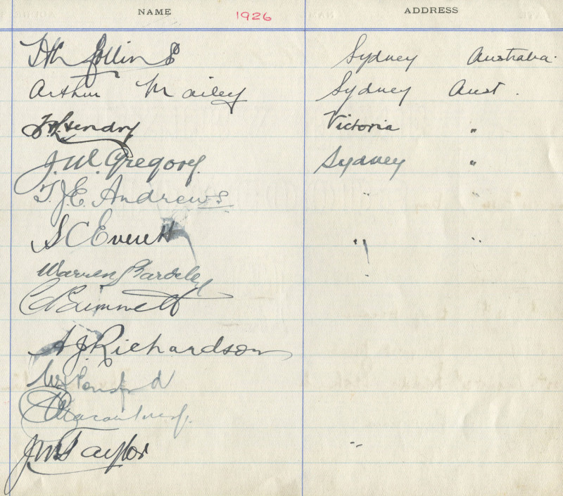 1926 AUSTRALIAN TEAM, 12 signatures in pen on a page - Herbie Collins ...