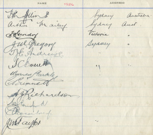 1926 AUSTRALIAN TEAM, 12 signatures in pen on a page - Herbie Collins (captain), Arthur Mailey, Hunter Hendry, Jack Gregory, Tommy Andrews, Sam Everett, Warren Bardsley, Clarrie Grimmett, Arthur Richardson, Bill Ponsford, Charlie Macartney & Johnny Taylor; with John Ellis on reverse. Together with reproduction photos signed by Bill Ponsford & Stork Hendry.