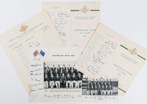 AUSTRALIA IN ENGLAND 1961: Two examples of the official "Programme of Matches" cards, both signed by all the players; an official team sheet signed by all the players (except Ken Mackay) and Webb and Steele; and a printed team photograph with printed player signatures to which the 4 accompanying officials have added their original signatures. Finally, an unsigned official team postcard. (5 items). Provenance: The estate of A.E.James, Physiotherapist to the Australian Cricket Team, 1930