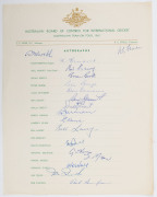 AUSTRALIA IN ENGLAND 1961: Two examples of the official "Programme of Matches" cards, both signed by all the players; an official team sheet signed by all the players (except Ken Mackay) and Webb and Steele; and a printed team photograph with printed play - 2