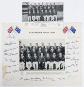 AUSTRALIA IN ENGLAND 1961: Two examples of the official "Programme of Matches" cards, both signed by all the players; an official team sheet signed by all the players (except Ken Mackay) and Webb and Steele; and a printed team photograph with printed play - 5