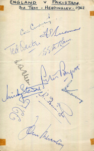 ENGLAND 1962 - 66: An autograph page collected at the 3rd Test v Pakistan (at Headingley) 1962 with 11 signatures including Dexter, Cowdrey, Parfitt and Titmus; a 1962-63 Official Team Sheet to NZ with 15 signatures including Dexter, Cowdrey, Barrington & Trueman); a 1964-65 Official Team Sheet to South Africa with 17 signatures including Dexter, Allen, Boycott and Brearley; and a 1965-66 M.C.C. to Australia official Team Sheet with 17 signatures including Mike Smith, Cowdrey, Boycott etc.