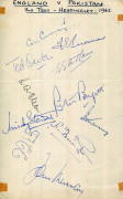 ENGLAND 1962 - 66: An autograph page collected at the 3rd Test v Pakistan (at Headingley) 1962 with 11 signatures including Dexter, Cowdrey, Parfitt and Titmus; a 1962-63 Official Team Sheet to NZ with 15 signatures including Dexter, Cowdrey, Barrington &