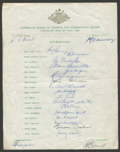 AUSTRALIAN TEAM ON TOUR, 1968: Two examples of the official team sheet, one fully signed by all 17 players in the squad; the other example also signed by the 17 players as well as the four officials (Parish - Team Manager; Truman - Team Treasurer; Sherwood - Scorer and James - Physiotherapist). (2 items).