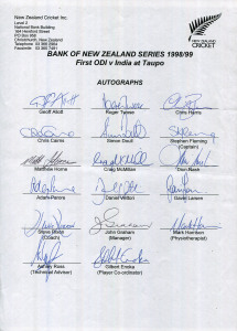 NEW ZEALAND: Official Team sheets for 1998-99 1st ODI v India at Taupo; 1998-99 2nd ODI v India at Napier; 1998-99 Second Test v South Africa at Christchurch; 1999 complete squad for the Tour to England; and 1999-2000 1st Test v West Indies at Hamilton. All complete; a total of 88 signatures. (5 sheets).