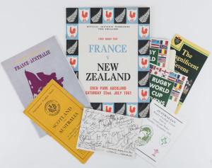 SOUVENIR PROGRAMMES: Selection comprising 1947 Scotland vs Australia, 1961 France vs New Zealand & 1993 France vs Australia; also 1993 Rugby World Cup Sevens programme showing all competing players (some signed), tournament schedule & results card; plus Australian RFU 1992 Tour of Ireland & Wales schedule and postcard signed by numerous players who competed against Wales B on the tour. (8 items)