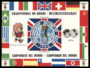1966 Football World Cup Finals preview brochure "CHAMPIONNAT DU MONDE - WELTMEISTERSCHAFT, CAMPIONATO DEL MONDO - CAMPEONATO DEL MUNDO", produced in Germany prior to the commencement of the tournament, 64pp, photographs, statistics etc. Scarce.