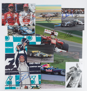 FORMULA 1 RACING DRIVERS: signed photographs or postcards noting Tony Brooks on black & white photograph, Jack Brabham on postcard, Jody Scheckter on postcard, David Coultard signed photo driving for Red Bull (29.5x21cm), Jensen Button signed podium photograph after winning 2009 Malaysian GP (20x30cm), Lewis Hamilton & Kimi Raikkonen on 2008 Melbourne GP photo. (9 items).