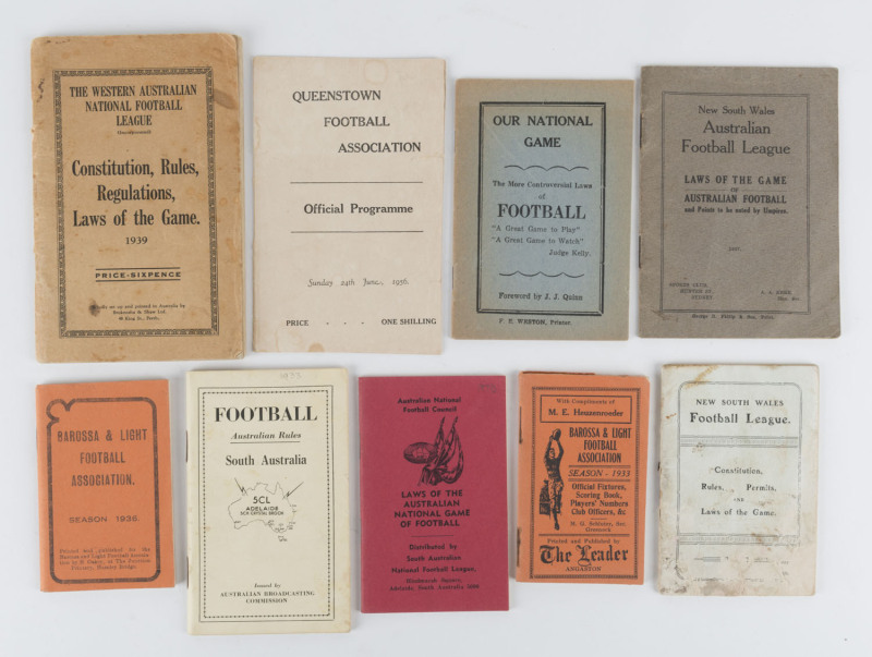 FOOTBALL ASSOCIATION HANDBOOKS (NON-VICTORIAN): with SOUTH AUSTRALIA 1933 "Australian Rules" issued by Australian Broadcasting Commission", 1933 & 1936 Barossa & Light Football Association handbooks, 1946 "Our National Game" handbook, 1970 SANFL "Laws of