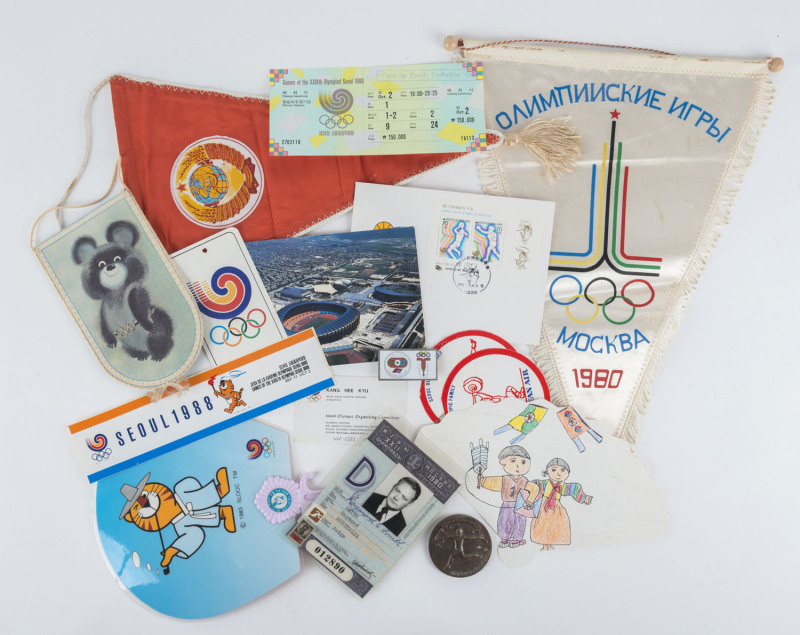 1980 MOSCOW & 1988 SEOUL OLYMPICS MEMORABILIA/EPHEMERA: incl. 1980 Moscow judge's identity pass, Republic of China Track & Field Association badge, Olympic pennants (2) & a medallion; 1988 Seoul judge's identity pass & card, invitation cards, etc. (small