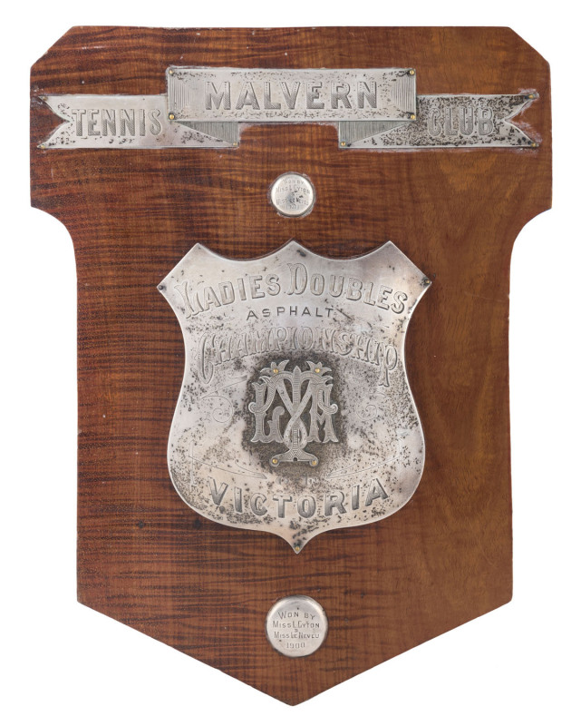 "MALVERN TENNIS CLUB, Ladies Doubles Asphalt Championship, Victoria" sterling silver and fiddleback blackwood shield trophy, circa 1900, won by Miss L. Gyton and Miss Le Neveu, ​28cm high