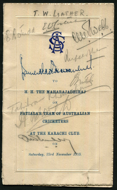 1935-36 AUSTRALIAN TOUR TO INDIA & CEYLON, menu "Dinner to H.H.The Maharajadhiraj of Patiala's Team of Australian Cricketers at the Karachi Club on Saturday 23rd November 1935", small piece cut from reverse, but with 60+ signatures; plus team photo signed