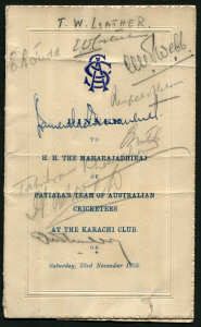 1935-36 AUSTRALIAN TOUR TO INDIA & CEYLON, menu "Dinner to H.H.The Maharajadhiraj of Patiala's Team of Australian Cricketers at the Karachi Club on Saturday 23rd November 1935", small piece cut from reverse, but with 60+ signatures; plus team photo signed by Ron Morrisby.