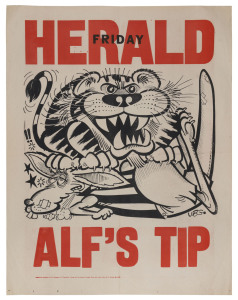 1974 GRAND FINAL EVE POSTER: Undated "ALF'S TIP" original WEG prediction poster (published 27 September 1974) depicting a rampant Richmond Tiger sitting atop a bruised and battered North Melbourne Kangaroo. (Alf Brown was correct in his prediction, with the Tigers winning by a margin of 41 points in front of a crowd which exceeded 113,000.) An extremely rare poster, this being only the third example we have offered. Very good condition. 65.5 x 51.5cm.