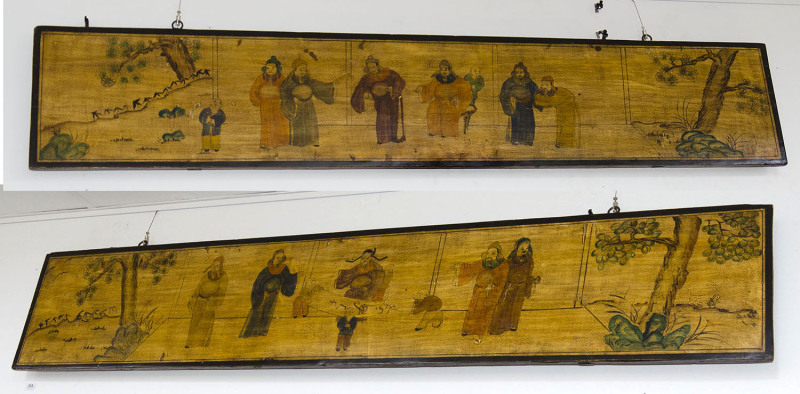 A pair of Chinese lacquered timber panels, 20th century, 35cm x 190cm each