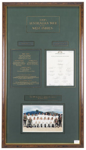 1995 AUSTRALIAN TOUR to the WEST INDIES headed display incorporating a fully signed official team sheet in combination with an official team photograph. Framed together with carefully hand-annotated details in black and gold against an acid-free mountboard in green. The write-up provides full details of the four test series, which Australia won 2-1, with Mark Taylor as Australia's captain for the first time. Attractively framed and glazed, overall 107 x 60cm.