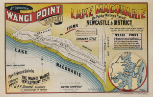 NEW SOUTH WALES REAL ESTATE POSTER WANGI POINT ESTATE, 4th Subdivision, LAKE MACQUARIE c1920s colour lithograph, 57.5 x 90cm. Linen-backed.
