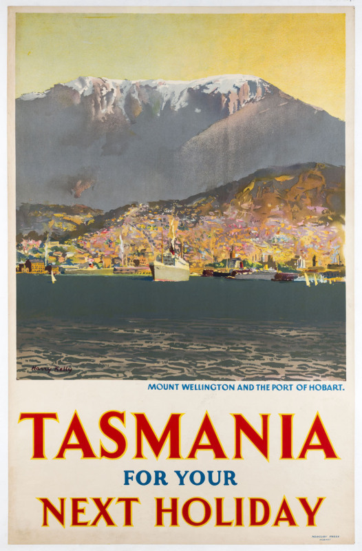 Harry Garnet KELLY, (Australian 1896-1967), TASMANIA For Your Next Holiday, 1930s colour lithograph, signed in image lower left, 101 x 64cm. Linen-backed. Text includes "Mount Wellington and the Port of Hobart Mercury Press, Hobart."