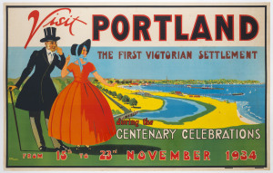 [VICTORIAN CENTENARY 1934] Florence Tatham MELLBLOM (Australian, 1900 - 1983) Visit PORTLAND The First Victorian Settlement during the Centenary Celebrations from 15th to 23rd November 1934" 1934 colour lithograph, signed "F. Mellblom" in image lower lef