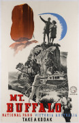 VICTORIAN RAILWAYS TRAVEL POSTER Gert SELLHEIM (Estonia, Australian, 1901-1970). MT. BUFFALO National Park, Victoria, Australia c1939 colour process lithograph, signed in image lower left, 101 x 64cm. Linen-backed. Text continues “Victorian Railways Austr