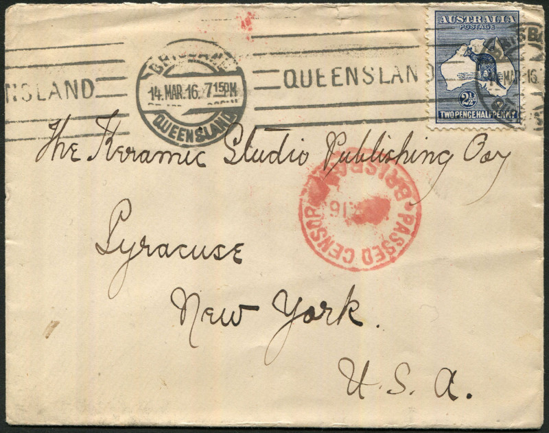 Kangaroos - Second Watermark: Australia: Kangaroos - Second Watermark: Mar.1916 usage of Second Wmk 2½d Indigo Kangaroo on censored cover from BRISBANE to NEW YORK.