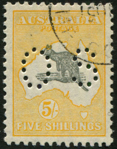 Kangaroos - Small Multiple Watermark: Australia: S.Multi Wmk. 5/- Grey & Yellow-Orange, perf 'OS' CTO, very well centred, lightly mounted full gum, BW:45wb - Cat. $250. A lovely stamp.