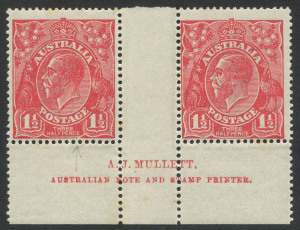 KGV Heads - Single Watermark: Australia: 1924-26 (SG.77) Single Wmk 1½d Red, Mullet Plate 25 imprint pair, MUH, BW:89(25)z - Cat. $375 (as a block of 4).