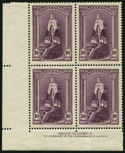 Australia: Other Pre-Decimals: 1938 10/- Robes (SG.177) Thick paper, Authority Imprint blk.(4) superb MUH. BW.214za - $350.