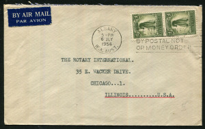 Australia: Other Pre-Decimals: 1954 usage of 1/- Lyrebird pair on airmail cover to USA, stamp tied by ALBANY W.A. slogan cancel. Fine condition.