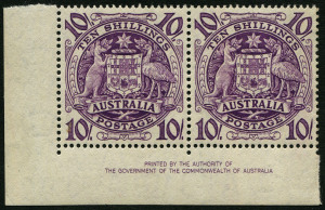 Australia: Other Pre-Decimals: 1949 (SG.224b) 10/- Arms, Authority Imprint pair, (2) superb MUH.