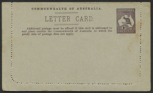 Australia: Postal Stationery: Letter Cards: 1913-14 (BW:LC14/84E) 1d Kangaroo Original Die, perf 10 in purple brown, "Mt.Lofty Ranges, South Australia" (unframed oval, no sky), light tones, unused, Cat. $150. 