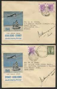 AUSTRALIA: Aerophilately & Flight Covers: 26-30 June 1949 (AAMC.1218-19) Sydney - Hong Kong and Hong Kong - Sydney flown covers carried by QANTAS Skymaster on their first regular service, under the command of Captain J.M. Hampshire, who has signed both c