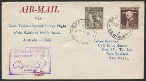 AUSTRALIA: Aerophilately & Flight Covers: 14 March 1951 (AAMC.1271b) Australia - Fiji flown cover, carried by Captain P.G. Taylor on his Special Survey Flight from Australia to Chile in his Catalina "Frigate Bird II"; backstamped SUVA. Cat.$250.