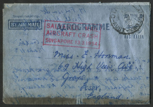 AUSTRALIA: Aerophilately & Flight Covers: 13 March 1954 (AAMC.1337) use of 10d Plane & Globe aerogramme from Williamstown (Vic) to England with very fine strike of  "SALVAGED MAIL/AIRCRAFT CRASH/SINGAPORE 13.3.1954" boxed handstamp in red, applied follow
